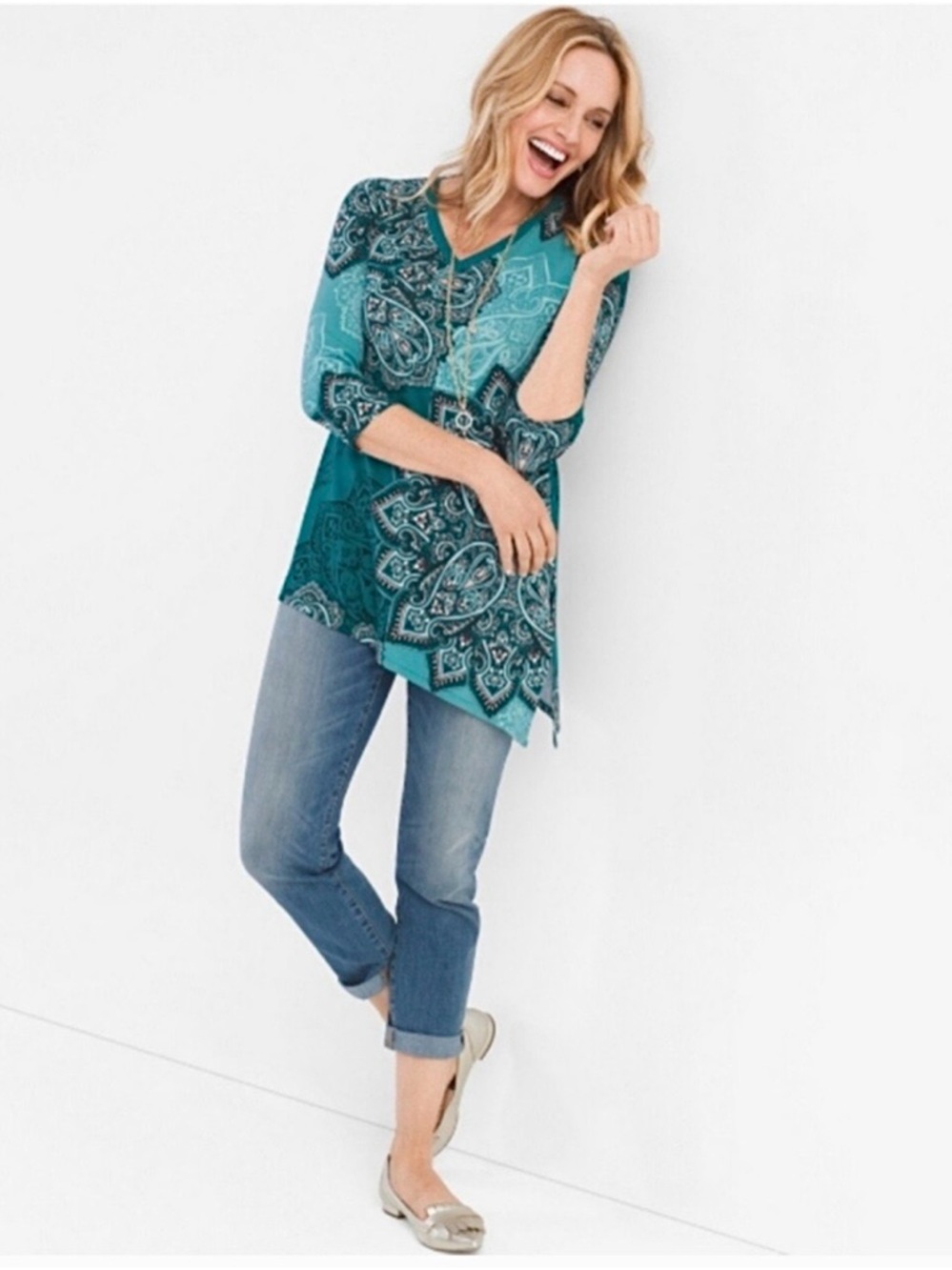 CHICOS Paisley Floral Asymmetrical 3/4 Sleeve Turquoise Green Blouse Size 1